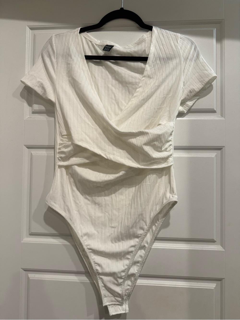 SHEIN White Ribbed Wrap-Front Short Sleeve Bodysuit